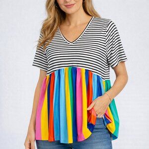 Andrée Black & White Striped V-Neck Blouse Rainbow Colorblock Babydoll Sz. large